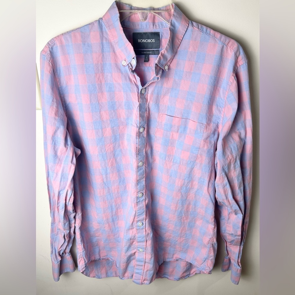 Bonobos Gingham Shirt Men’s L SLIM Pink Blue Long‎ Sleeve Preppy Academia City